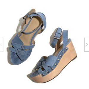Marc Fisher Camilla Blue Suede Platform Wooden Sandal